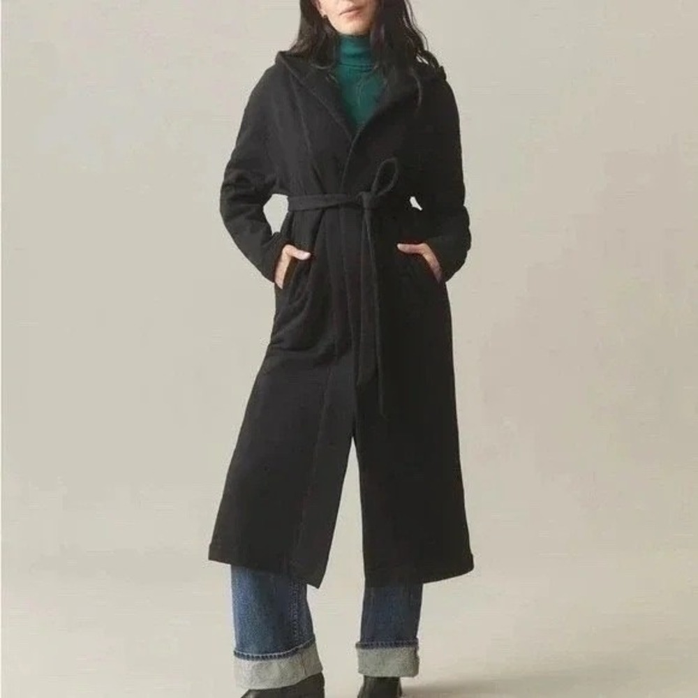 American Giant Long Coat Womens XS/S Black Cotton Fleece Lined Hooded Waist Belt